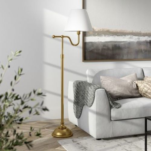 Hudson and Canal 63" Tall Floor Lamp with Fabric Shade Brass/White: Adjustable Swing-Arm, Metal Frame, UL Listed