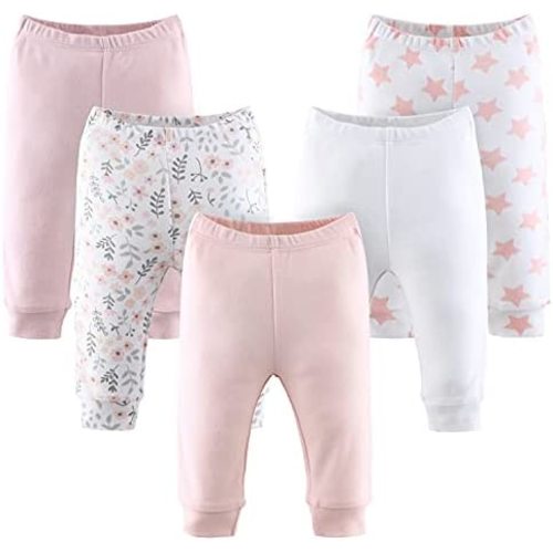 The Peanutshell Baby Girl Pants Set | 5 Pack in Newborn to 24 Month Sizes | Floral, Pink, White, Stars