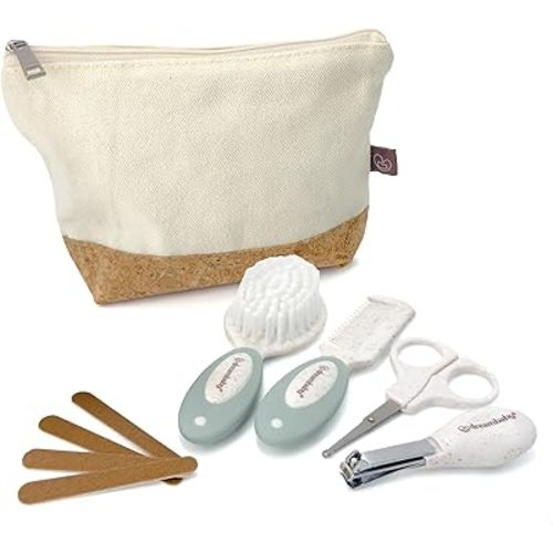 Dreambaby Neat & Tidy 9pc Wheatgrass Baby Grooming Kit - Eco-Friendly Baby Care Kit with Cotton & Cork Travel Bag - Soft Brush, Comb, Safety Scissors, Nail Clippers - Less Plastic Waste