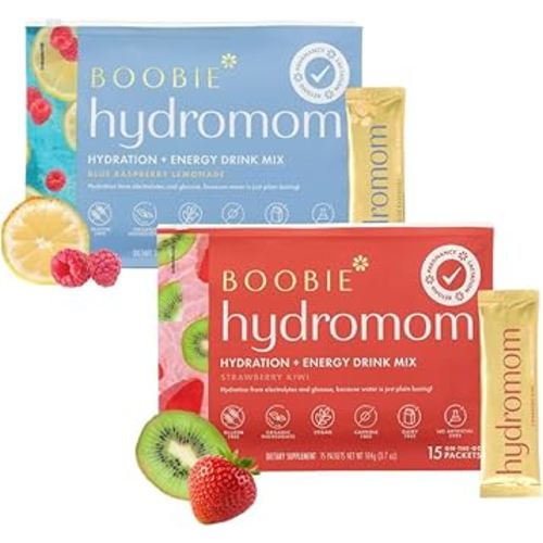 Boobie Hydromom Superfood Electrolyte Drink Mix, Strawberry Kiwi + Blue Raspberry Lemonade | Refreshing Energy, Hydration Boost | On-The-Go Travel Essential for Pregnancy, Lactation, & Beyond - 2 Pack