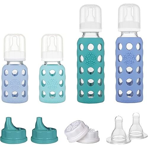 Lifefactory 4 Starter Baby Bottle Set in Mint/Blanket & in Kale/Blueberry Flat & Sippy Caps Stage 2 Nipples 10 Count