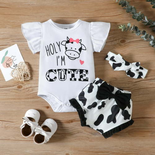 PatPat 3pcs Baby Girl 95% Cotton Letter Graphic Flutter-sleeve Romper and Bow Front Shorts & Headband Set