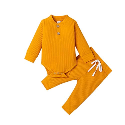 Newborn Baby Boy Girl Clothes Ribbed Knitted Cotton Long Sleeve Romper Long Pants Solid Color Fall Winter Outfits