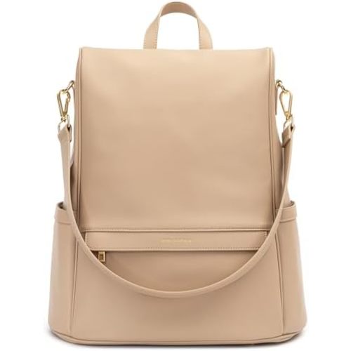 Leather Diaper Bag Backpack with USB Charging port, Changing Pad, Stroller Straps, and Bottle Holder (Beige Mia)