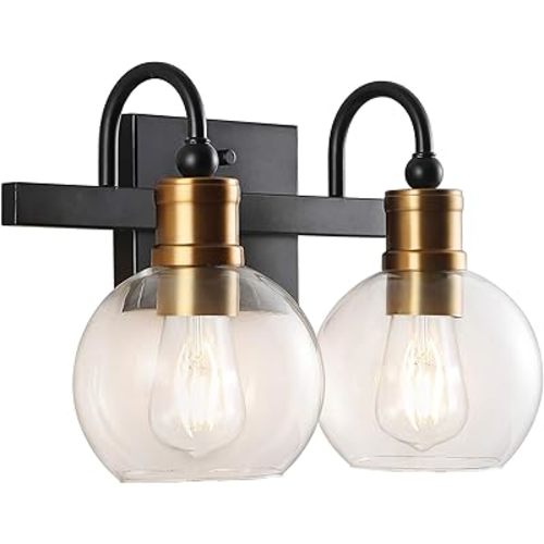 JONATHAN Y JYL3527A Marais 14.5" 2-Light Iron/Glass Rustic Vintage LED Vanity Light Industrial Bohemian 2700K LED 4W Bulbs Entryway Lobby Kitchen Bathroom Bedroom Living Room Hallway, Black/Brass Gold