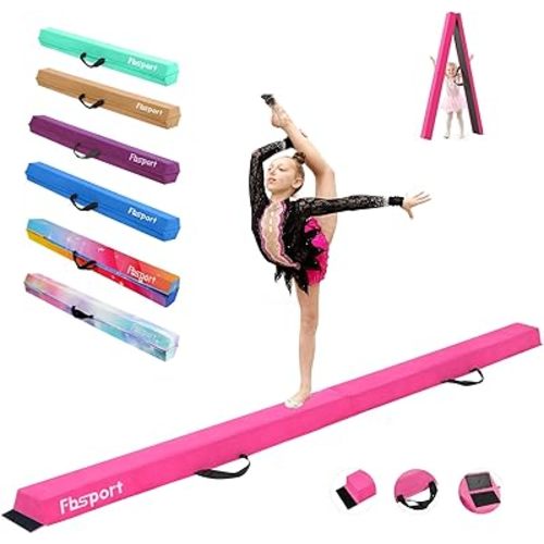 FBSPORT 8ft/9ft/9.5ft Balance Beam Folding Gymnastics Beam Foam Balance Floor Beam Equipment for Kids Adults, Suede Cover Anti Slip Base with Carry Bag for Home School Gym Training