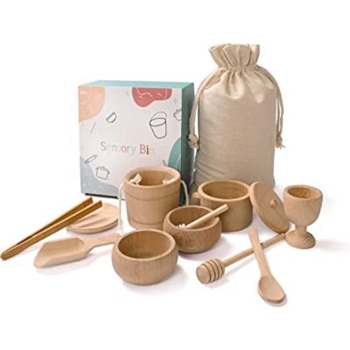 Montessori Sensory Bin Toys for 1 Year Old Toddlers, 11pcs Wooden Waldorf Toys - Wooden Scoops and Tongs for Transfer Work and Fine Motor Skills Development