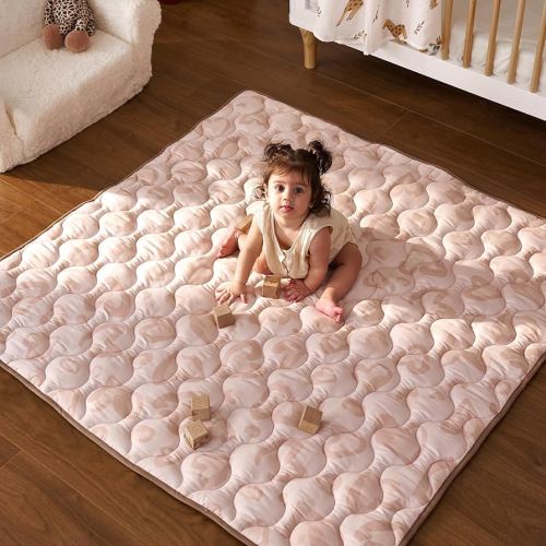 Momcozy Baby Play Mat for Floor, 50x50 Thickened Playpen Mat, Playmate for Baby Tummy Time, Waterproof & Non-Slip, Foldable Outdoor Mat with Carrying Handle, Leopard Heart