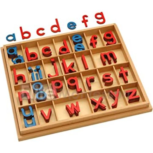 Elite Montessori Wooden Movable Alphabet with Box Preschool Spelling Learning Materials (Red & Blue, 5mm Thick)