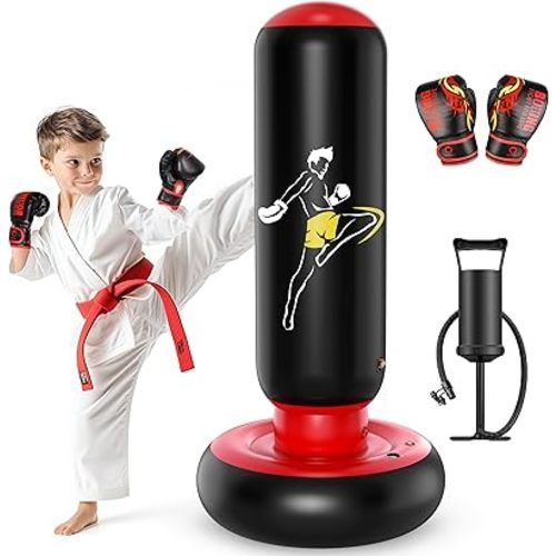 QPAU Kids Punching Bag Toy with Boxing Gloves, 66 Inch Larger Stable Kids Inflatable Boxing Bag Set, Gifts for Boys & Girls Age 6-12, for Practicing Karate, Taekwondo, MMA