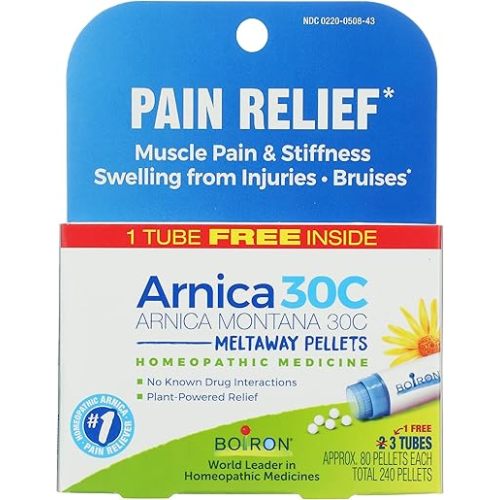 Boiron Arnica Montana 30C Homeopathic Medicine for Relief from Muscle Pain, Muscle Stiffness, Swelling from Injury, and Discoloration from Bruises - 3 Count (240 Pellets)