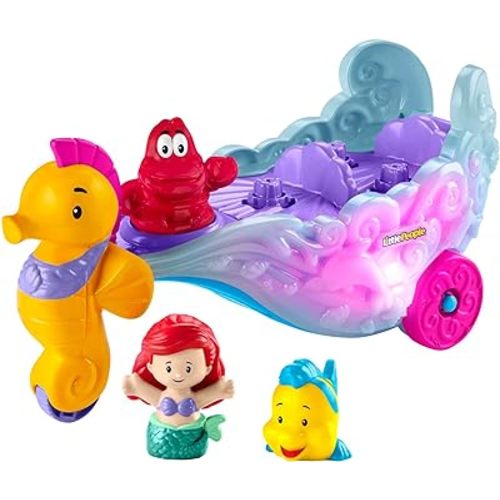Fisher-Price Little People Toddler Toy Disney Princess Ariel's Light-Up Sea Carriage Musical Vehicle for Pretend Play Ages 18+ Months​