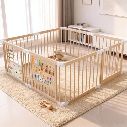 Foldable Wooden Playpen - Natural Wood Baby Playpen, Portable with Adjustable Size and Shape, Includes 2 Game Boards, 10+ Toy Set, Suitable for Indoor Use(55X55X24inchs)