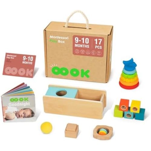 Montessori Toys for Babies 6-12 Months, 6 in 1 Wooden Educational Toys with Multifunction Block, Object Permance Box, The Montessori Cube and More.