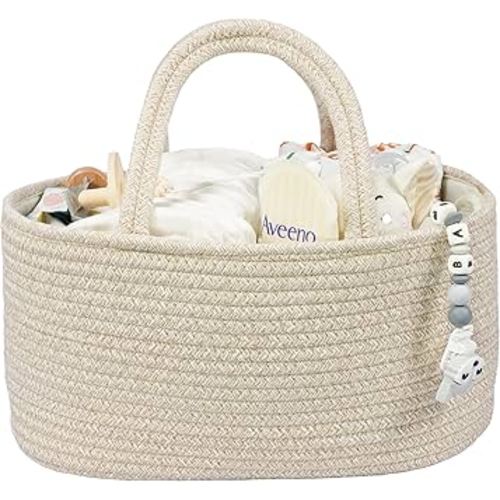 Baby Diaper Caddy Organizer for Girl Boy Cotton Rope Nursery Storage Bin Basket Portable Holder Tote Bag for Changing Table Car Travel Baby Shower Gifts Newborn Registry Must Have Items oatmeal