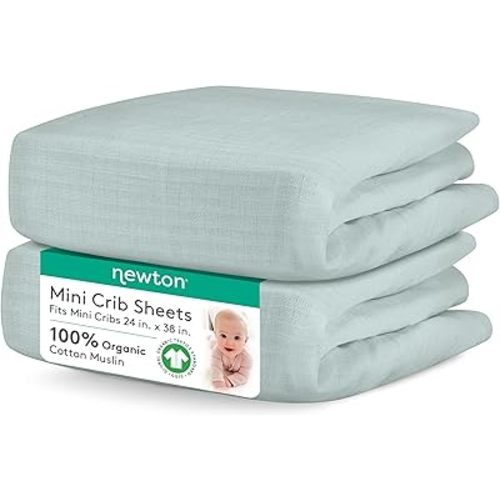 Newton Baby Mini Crib Fitted Sheets (2-Pack) | Organic Muslin Cotton, 100% Breathable & Soft Baby Sheets, Machine Washable Baby Mattress Sheets, Fits Any Mini Sized Crib 24" x 38", Sage