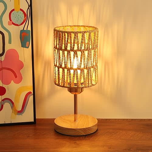 Boho Small Table Lamp with Bulb,Rustic Rattan Lamp for Bedroom,Nightstand Lamp,Table Lamp for Living Room,Wooden Base Bedside Lamp,Desk Lamp for Small Spaces (Brown-A)