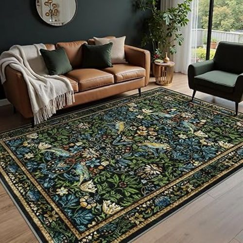 Botanical Washable 6x9 Area Rugs, Soft Navy Blue Floral Rugs for Living Room Ultra Thin Non-Slip Vintage Bedroom Rug, Boho Flower Birds Indoor Carpet for Office Playroom Dining Room