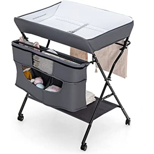 Costzon Baby Changing Table, Adjustable Height Portable Diaper Station w/Lockable Wheels, Safety Belt, Large Storage Rack & Bag, Folding Nursery Station for Infant Newborn (Grey)