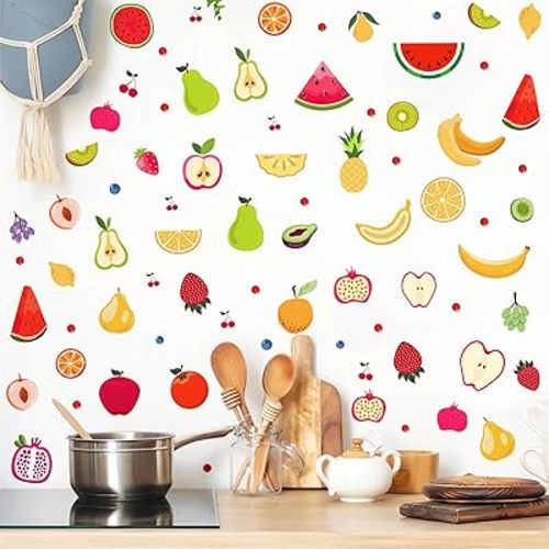 Colorful Fruit Wall Decals Cartoon Fruits Wall Stickers Summer Fruit Decals Peel and Stick Removable Nursery Decal Multicolor Small Cute Fruits Stickers for Kids Room Kitchen Cabinet Decor