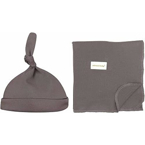 100% Cotton Knitted Baby Swaddle Blanket with Hat Set, 35"x35", Newborn Swaddle Wrap, Receiving Blankets, Burping Cloth & Stroller Cover, Perfect for Boys Girls (Dark Grey)