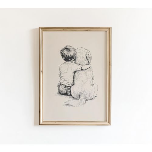 Boy with Golden Retriever Poster, Nursery Vintage Drawing, PRINTED AND SHIPPED
