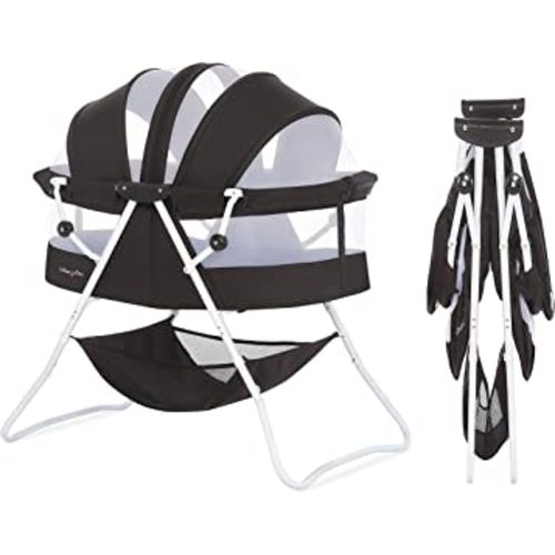 Karley Bassinet in Black, Lightweight Portable Baby Bassinet, Quick Fold and Easy to Carry , Adjustable Double Canopy, Indoor and Outdoor Bassinet with Large Storage Basket.