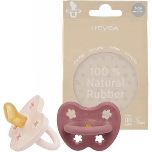 HEVEA Natural Rubber Pacifier Orthodontic 3-36 Months Two-Pack - Powder Pink & Rosewood