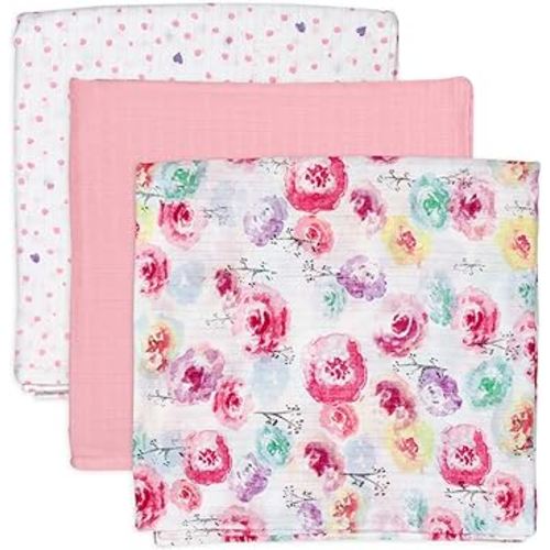 HonestBaby 3-Pack Organic Cotton Swaddle Blankets, Rose Blossom, One Size