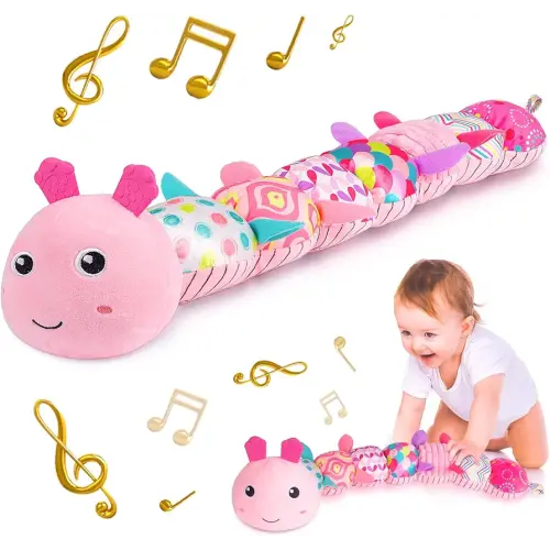 Sumobaby Infant Baby Musical Stuffed Animal Activity Soft Toys with Multi-Sensory Crinkle, Rattle and Textures, for Tummy Time Newborn 0-3-6-12 Months Girls, Caterpillar, Pink