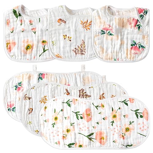 Zainpe 6Pcs Snap Cotton Muslin Baby Burp Cloths & Bibs Set Soft Absorbent Drooling Bibs Adjustable Face Towels