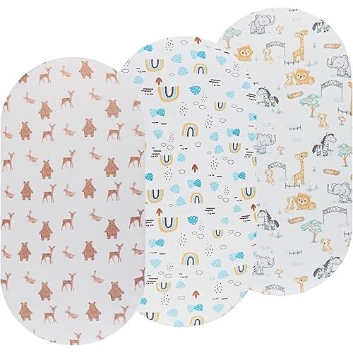 Bassinet Sheets 3 Pack Fitted for Baby Boy and Girl, Stretchy Soft Knitted Baby Sheet Set Universal for Oval Rectangle and Hourglass Bassinet Mattress, Unisex Cute Animal Printing
