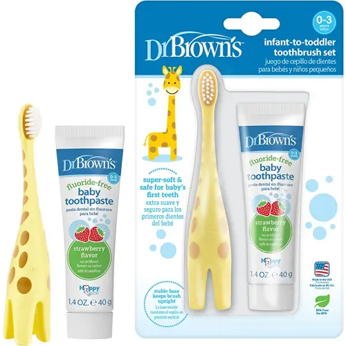 Dr. Brown’s Infant-to-Toddler Training Toothbrush Set, Giraffe with Fluoride-Free Strawberry Baby Toothpaste, 0-3 years