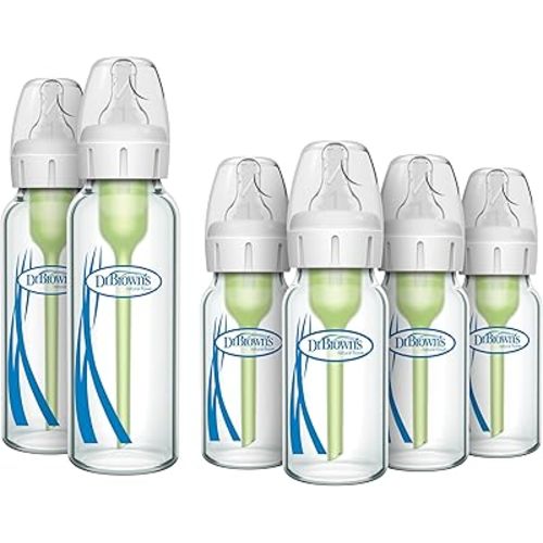 Dr. Brown's Natural Flow Anti-Colic Options+ Narrow Glass Baby Bottles, 4 oz 4-Pack & 8 oz 2-Pack, with Level 1 Slow Flow Nipples, Anti-Colic Vent System, BPA Free, Dishwasher Safe, 0m+