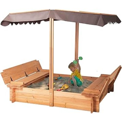BIRASIL Wood Sandbox with Cover, Sand Box with 2 Bench Seats for Aged 3-8 Years Old, Sand Boxes for Backyard Garden, Sand Pit for Beach Patio Outdoor (Natural Wood, 48 Inch)
