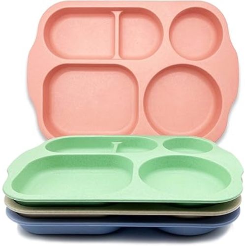 Unbreakable Divided Plates, 4 Pack Wheat Straw Tray, Large Fast Food Tray for Toddlers Adults Kids Children, Lightweight Plates, Dishwasher and Microwave Safe