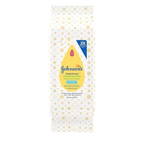 Johnson's Head-to-Toe Gentle Baby Cleansing Cloths, Hypoallergenic and Pre-Moistened Baby Bath Wipes, Free of Parabens, Phthalates, Alcohol, Dyes and Soap, 15 ct