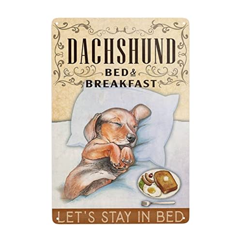 Yoeons Metal Signs Dachshund Dog Bed and Breakfast Let's Stay in Bed Tin Sign Vintage Funny Home Kitchen Bar Club Cave Rustic Wall Art Decor 12x8 Inches