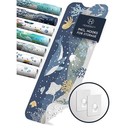 Homerella Baby Bath Tub Mat | Anti Mold Mildew Resistant Non Slip Kids and Adult Bath Tub Shower Mats | 40x16 inch Long with Suction Cups for Secure Grip Hooks for Storage & Drying | Machine Washable