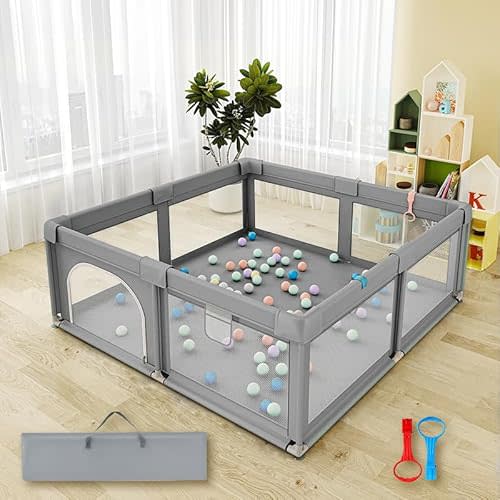 Baby Playpen 59" x 71", Play Pens for Babies and Toddlers, babyfence Play Area,Safe Anti-Fall Play Yard with Gates, Baby Fence with Breathable Mesh (Light Grey, 59" x 71")