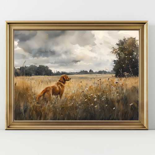 Red Labrador Field Art Print – Golden Retriever Wall Decor – Rustic Dog Landscape Painting – Countryside Pet Lover Gift