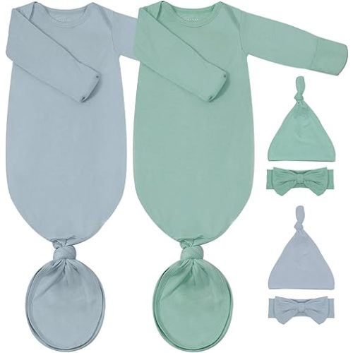 2Pack Newborn Baby Knotted Gown, Super Soft Modal Infant Long Sleeve Sleeper with Hat and Headband Set