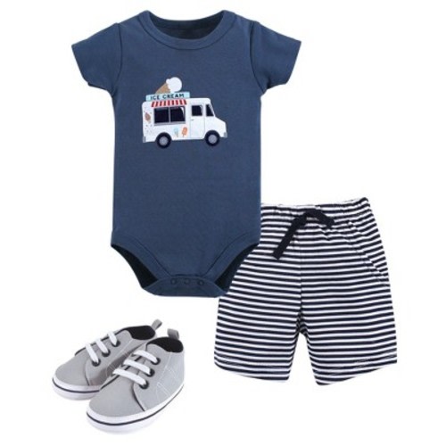 Hudson Baby Infant Boy Cotton Bodysuit, Shorts and Shoe 3pc Set, Ice Cream Truck, 3-6 Months