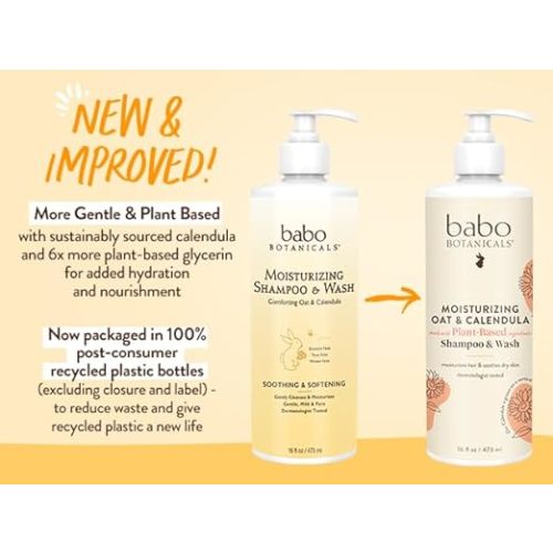 Babo Botanicals Moisturizing Oat & Calendula 2-in-1 Shampoo & Wash - For Dry or Sensitive Skin - For all ages - Lightly Scented - Vegan - Various Sizes