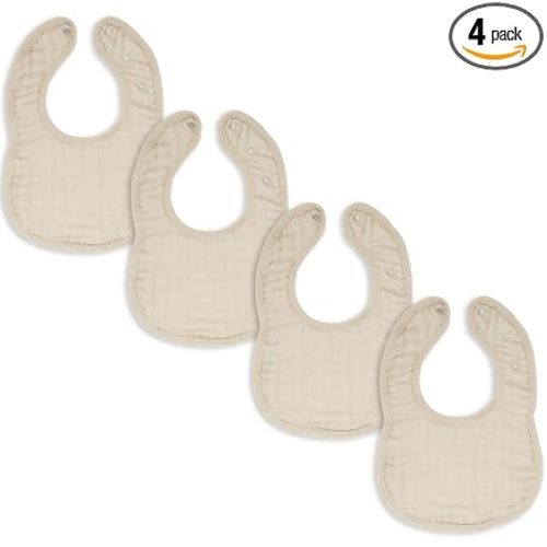 Comfy Cubs Muslin Bibs for Babies, Pack of 4 - Soft and Highly Absorbent, Feeding, Drool and Teething Bib, Adjustable Snaps - Stylish & Colorful Unisex Designs, Giftable Set - Sand