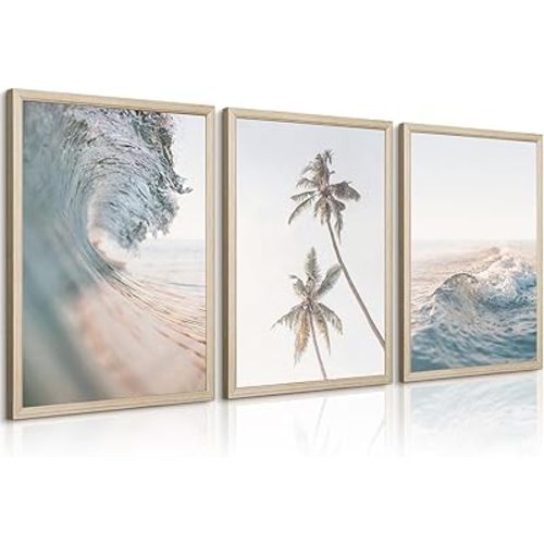 Beach Wall Art Pictures Coastal Canvas Wall Decor Ocean Waves Poster Blue Beach Scene Artwork Palm Tree Art Coastal Landscape Prints for Living Room Bedroom 16x24 Inch Framed Set of 3
