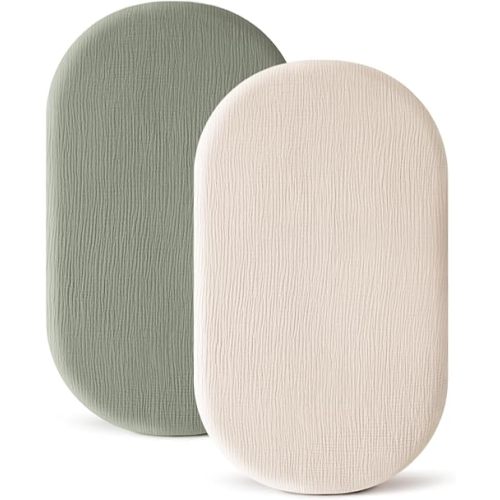 Konssy 2 Pack Muslin Bassinet Sheets for Baby Boy, 100% Cotton Soft Breathable Bassinet Mattress Sheets Fit for Hourglass Oval Cradle Rectangle Mattress (Fog Green,Cream)