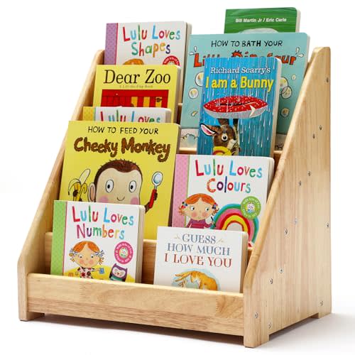 Nuoex Montessori Bookshelf for Toddler 1-5 Years, Kids Wooden 5-Tier Front Facing Book Display Shelf with Chalkboard for Bedroom,Playroom,Classroom,Book Rack Organizer, Natural