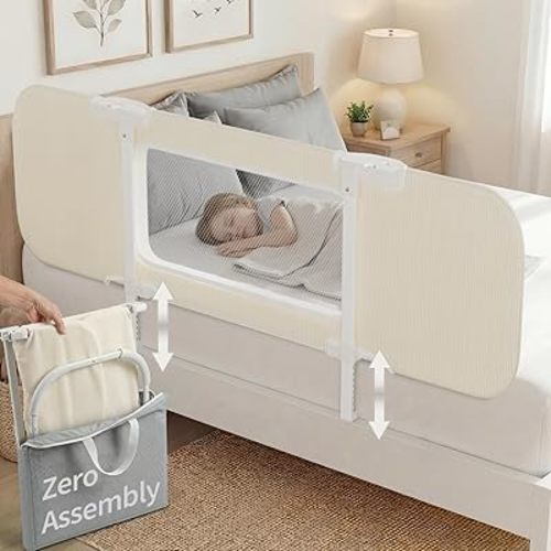 NUTIKAS Portable Bed Rails for Toddlers, 58" Foldable Travel Bed Rail for Camper Bunk, Queen & King Size Bed, Collapsible Kids Safety Bedrail with Adjustable Height