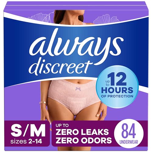 Always Discreet Adult Incontinence Underwear for Women and Postpartum Underwear, S/M, Up to 100% Bladder Leak Protection, 84 Count (Packaging May Vary)